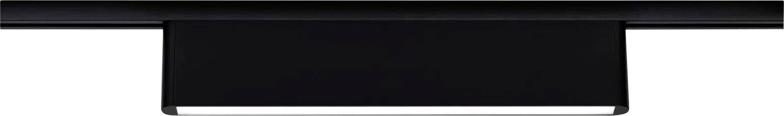 Eine elegante schwarze Leiste mit einem dünnen weißen Streifen am unteren Rand, möglicherweise eine Lichtinstallation oder Teil eines modernen Geräts, vor einem weißen Hintergrund.