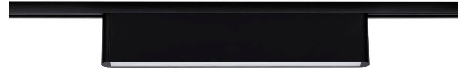 Eine schlichte, schwarze rechteckige Deckenrailleuchte mit minimalistischem Design, horizontal auf einer Schiene montiert, typischerweise für moderne Innenräume verwendet.