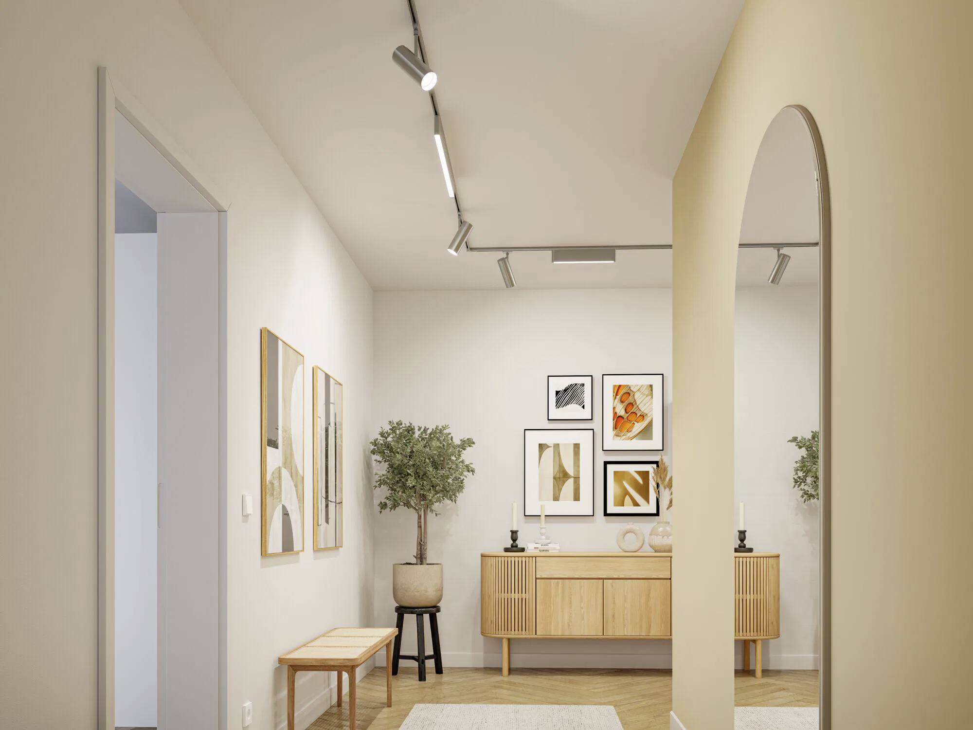 Ein moderner Flur mit Schienenlicht, minimalistischer Einrichtung und gerahmter Kunst an der Wand. Ein Holzschrank und eine Zimmerpflanze verleihen Wärme.