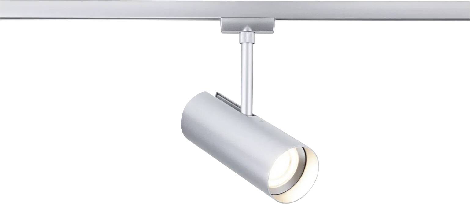 Eine silberne Schienenleuchtung mit zylindrischem Design ist an einer Schiene montiert und strahlt Licht nach unten.