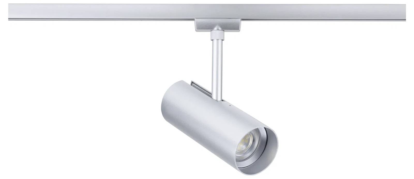 Eine moderne, zylindrische silberne Schienenleuchteinheit ist auf einer Metallschiene montiert. Der Kopf der Leuchte lässt sich für gerichtetes Beleuchtung justieren.