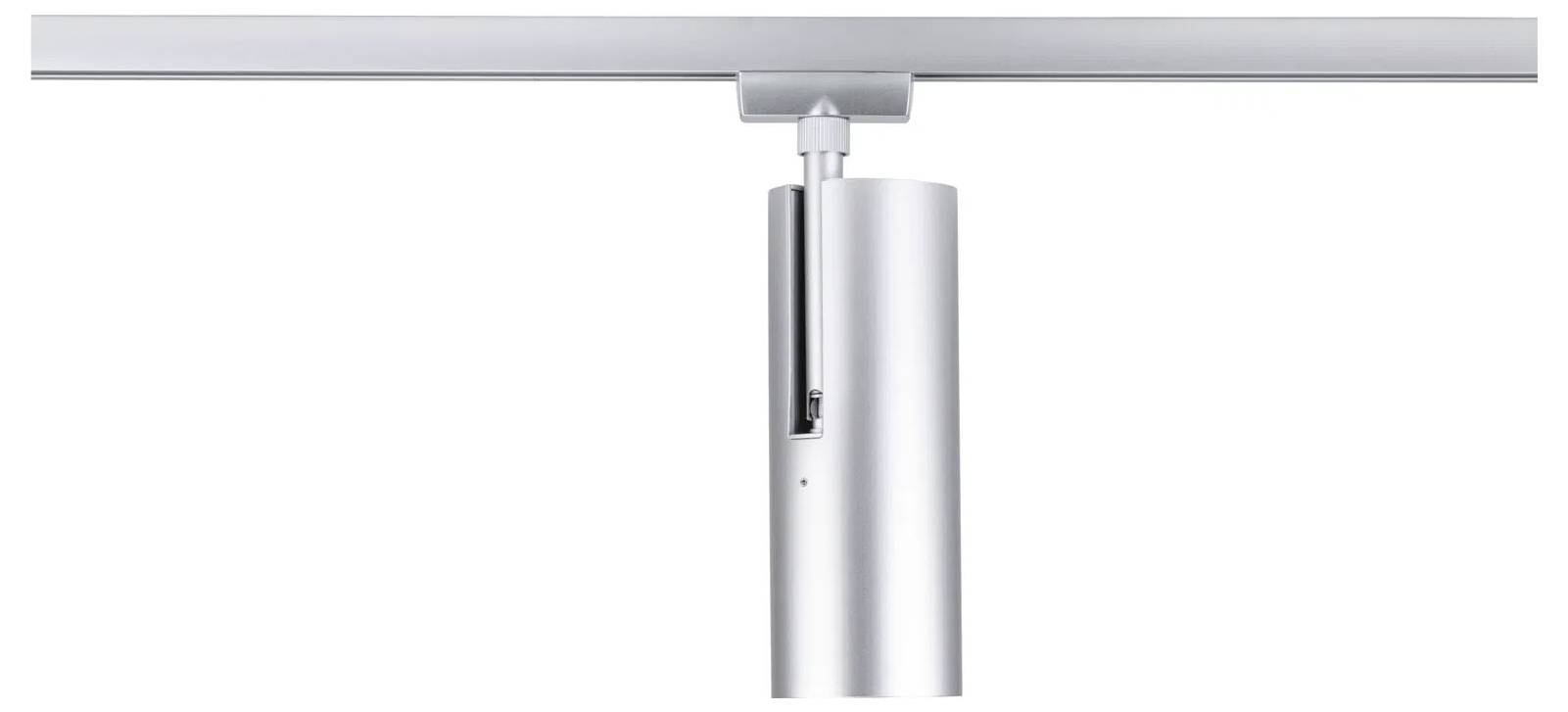 Eine Deckenleuchte in zylindrischer Form mit silberner Oberfläche ist an einer Deckenfahrschiene montiert und für moderne Beleuchtungslösungen konzipiert.