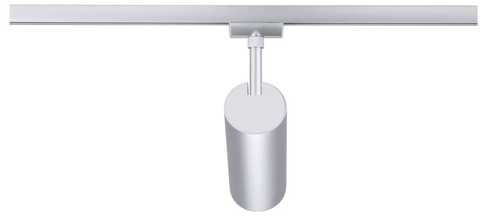 Eine zylindrische silberne Schienenstrahlerleuchte ist an einer Deckenschiene montiert und für einstellbare gerichtete Beleuchtung in Innenräumen konzipiert.