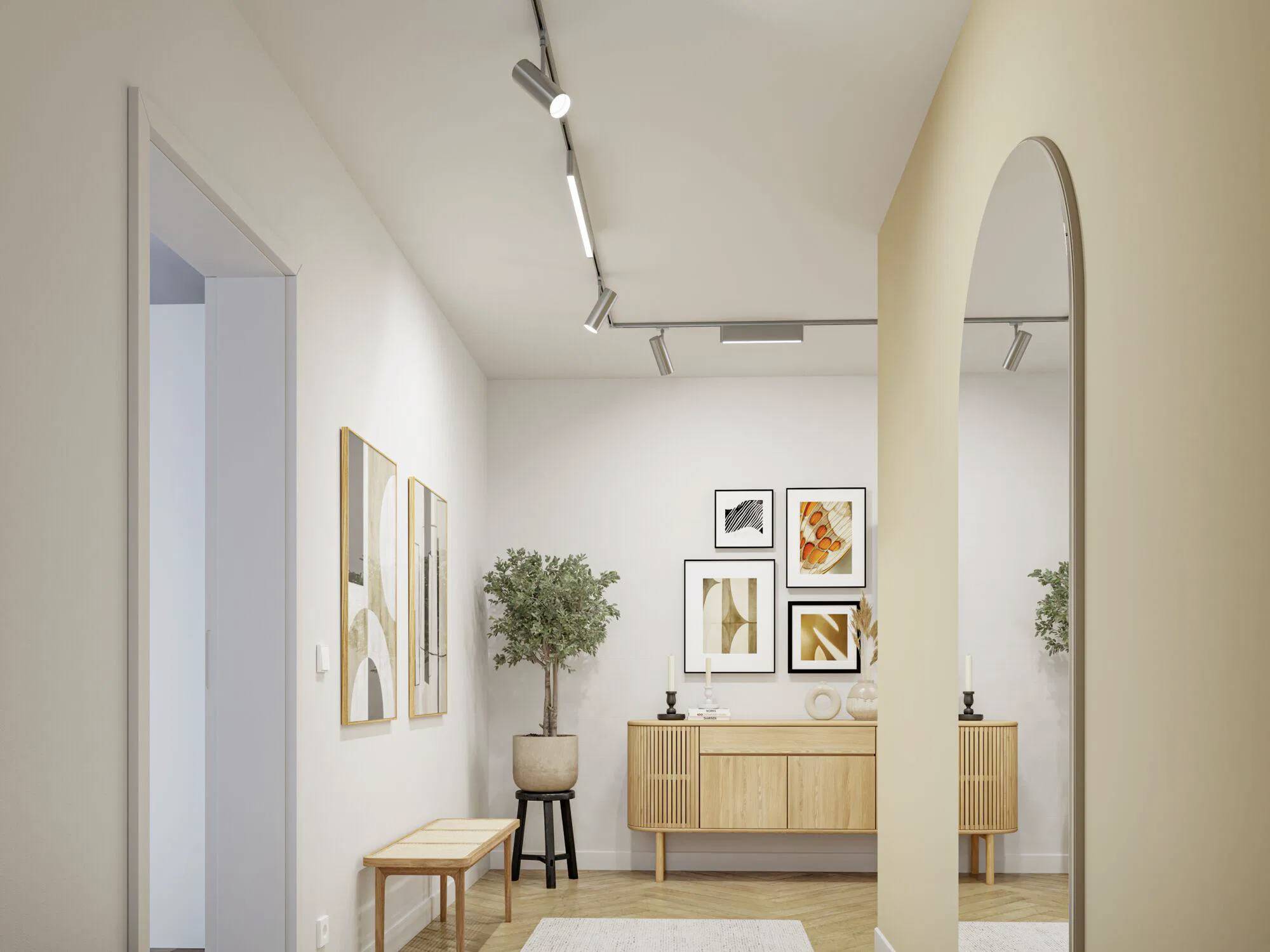 Ein moderner Flur mit minimalistischer Einrichtung, ausgestattet mit einer Holzbank, Kunstwerken an den Wänden, einer grünen Topfpflanze und einem Holzsideboard.