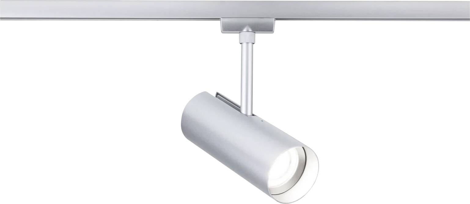 Eine elegante, moderne silberne Schienenleuchtenfixierung mit einer zylindrischen Gestaltung, die an einer Metallschiene befestigt ist und verstellbare Beleuchtungsmöglichkeiten andeutet.