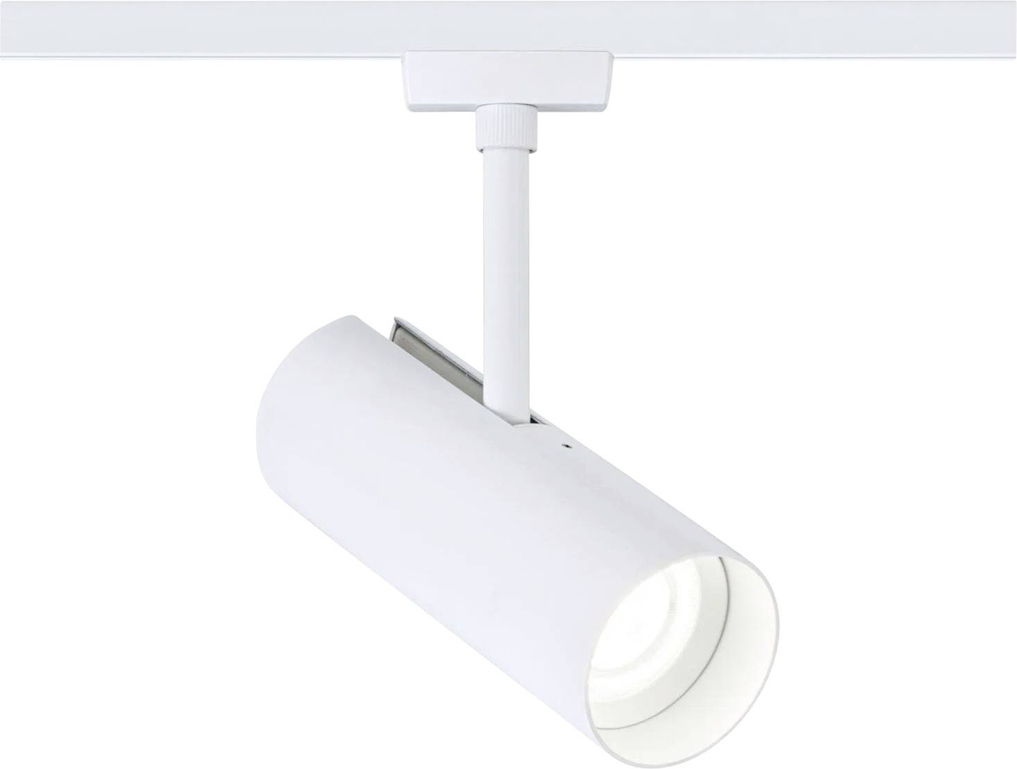 Eine weiße, zylindrische Schienenleuchte ist an einer geraden Schiene montiert, nach unten gerichtet, mit einem schlanken und modernen Design.