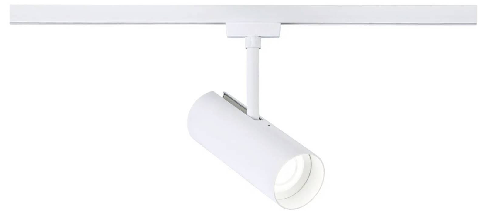 Eine weiße, zylindrische Schienenleuchte ist an einer Deckenrail befestigt und nach unten gerichtet, um gerichtetes Licht zu erzeugen.