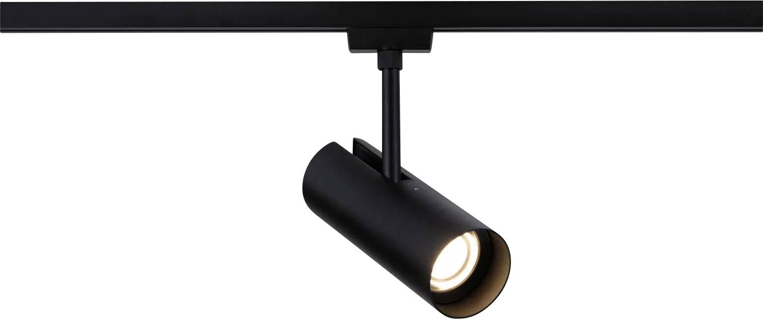 Eine schlanke schwarze zylindrische Schienenstrahlerleuchte ist an einer Deckenrschiene montiert und beleuchtet ihre Umgebung mit einem fokussierten Lichtstrahl.