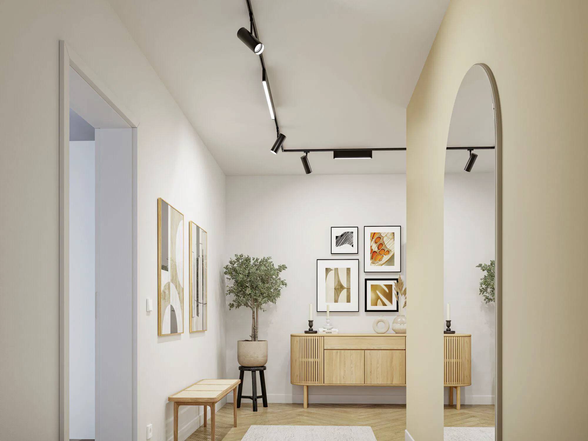 Moderner Flur mit helzfarbener Möbel, Topfpflanzen, Schienenlicht und abstrakten Wandkunstwerken. Ein Bogentürrahmen führt in einen anderen Raum.