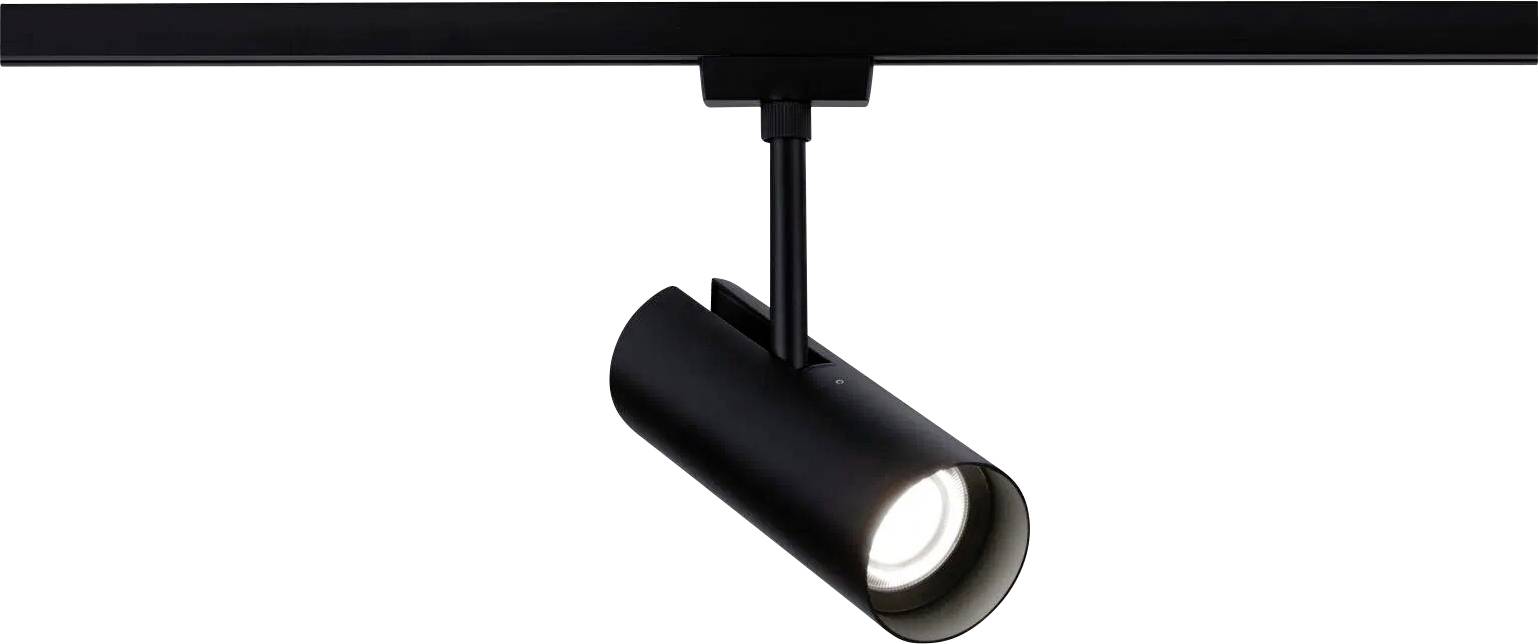 Eine schwarze zylindrische Schienenleuchte hängt an einer linearen Schiene, wobei ein helles weißes Licht von der Vorderseite des Zylinders abstrahlt.