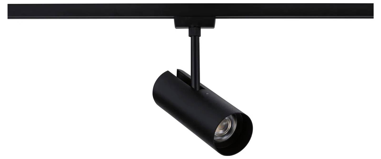 Eine schwarze, an der Decke montierte Schienenbelechtung mit einem nach unten gerichteten zylindrischen Scheinwerfer.