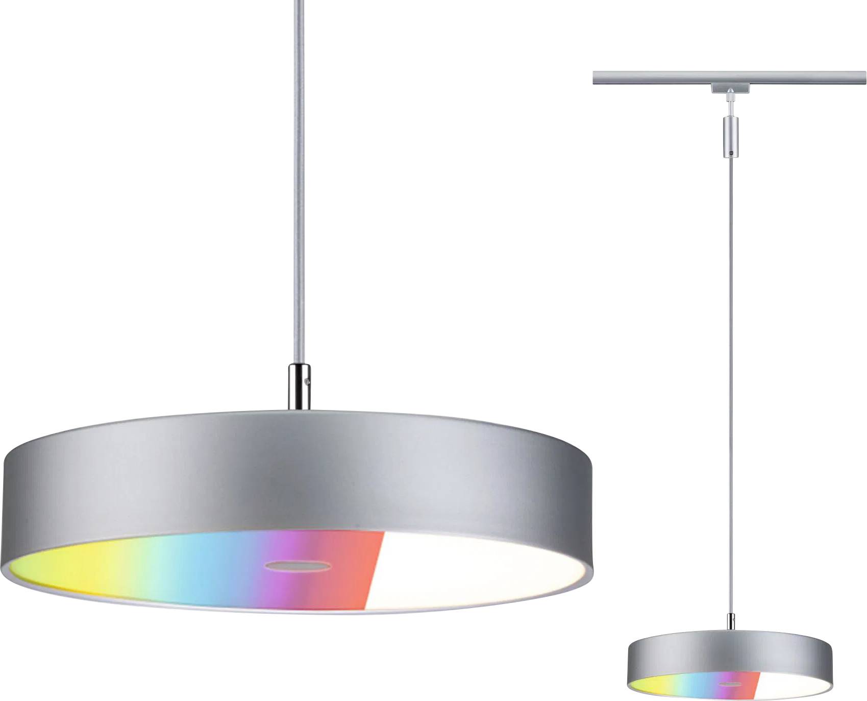 Eine moderne Hängelampe mit einem grauen Lampenschirm zeigt einen bunten Regenbogen-Farbverlauf im Inneren, der ihr elegantes Design hervorhebt.