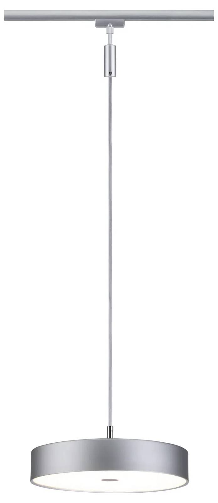 Eine moderne Deckenpendelleuchte mit elegantem silbernem Finish, ausgestattet mit einem dünnen Aufhängungsdraht und einem kreisförmigen, flachen Lampenschirm.