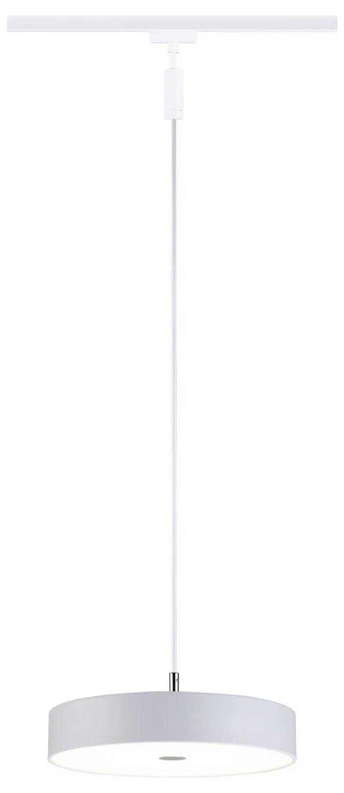 Eine moderne weiße Pendelleuchte mit einem kreisförmigen Schirm und einem dünnen, vertikalen Aufhängungskabel, konzipiert für die Verwendung in Innenräumen.
