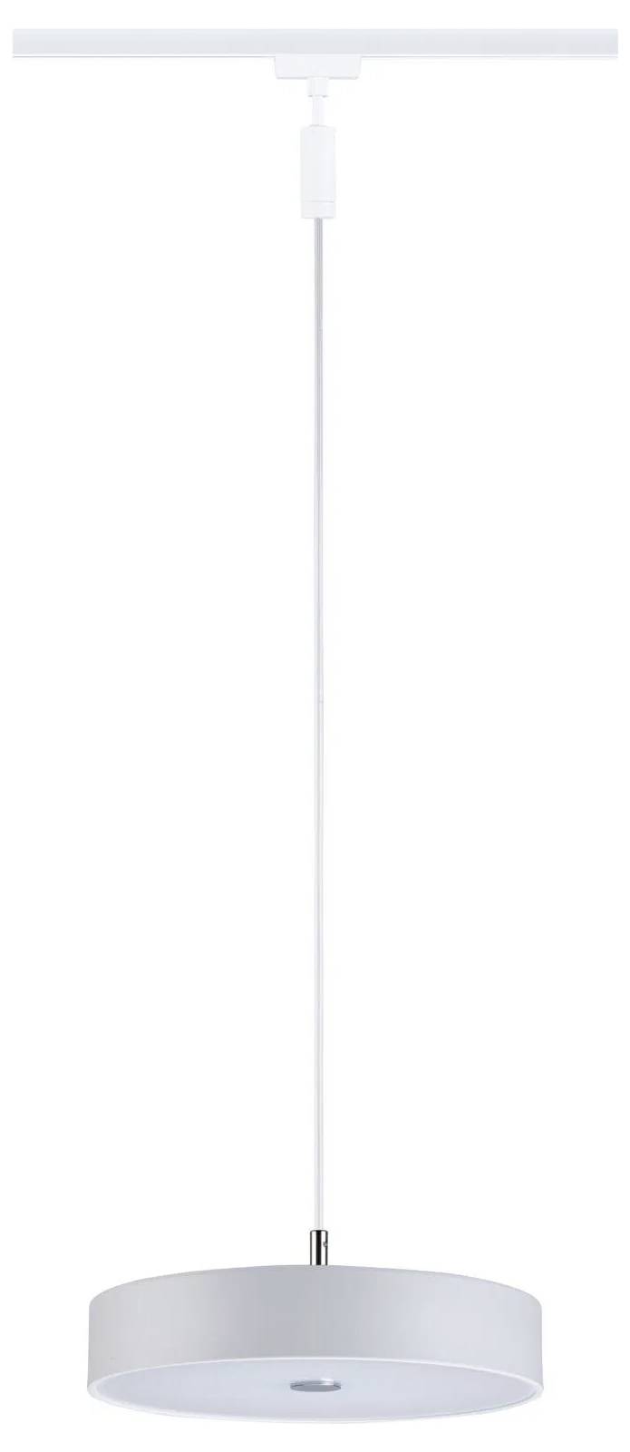 Eine elegante weiße Pendelleuchte mit kreisförmigem Design, an einem Kabel von einer Deckenreling gehängt, passend für moderne Innenräume.