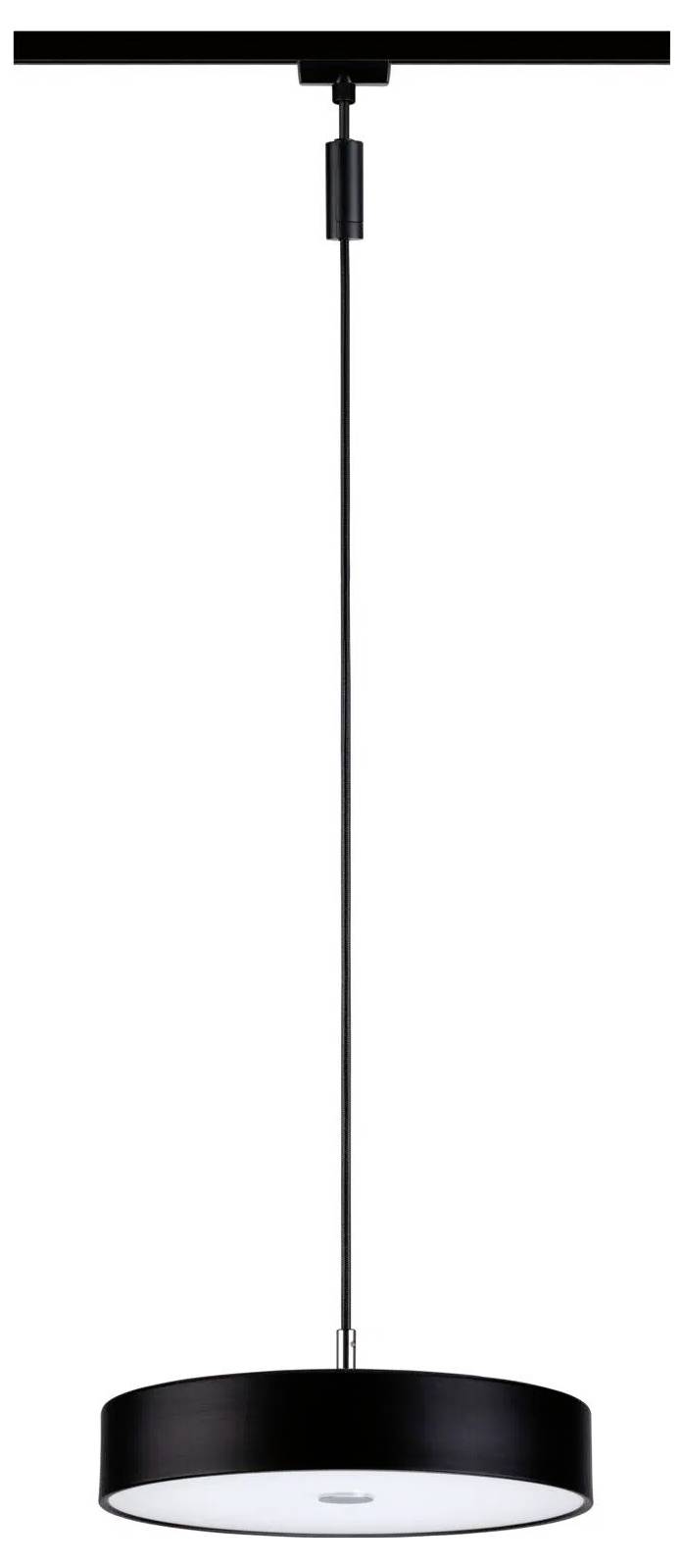 Eine moderne Deckenpendelleuchte mit einem schlanken schwarzen runden Lampenschirm, aufgehängt an einem dünnen schwarzen Kabel, entworfen für zeitgenössische Innenräume.