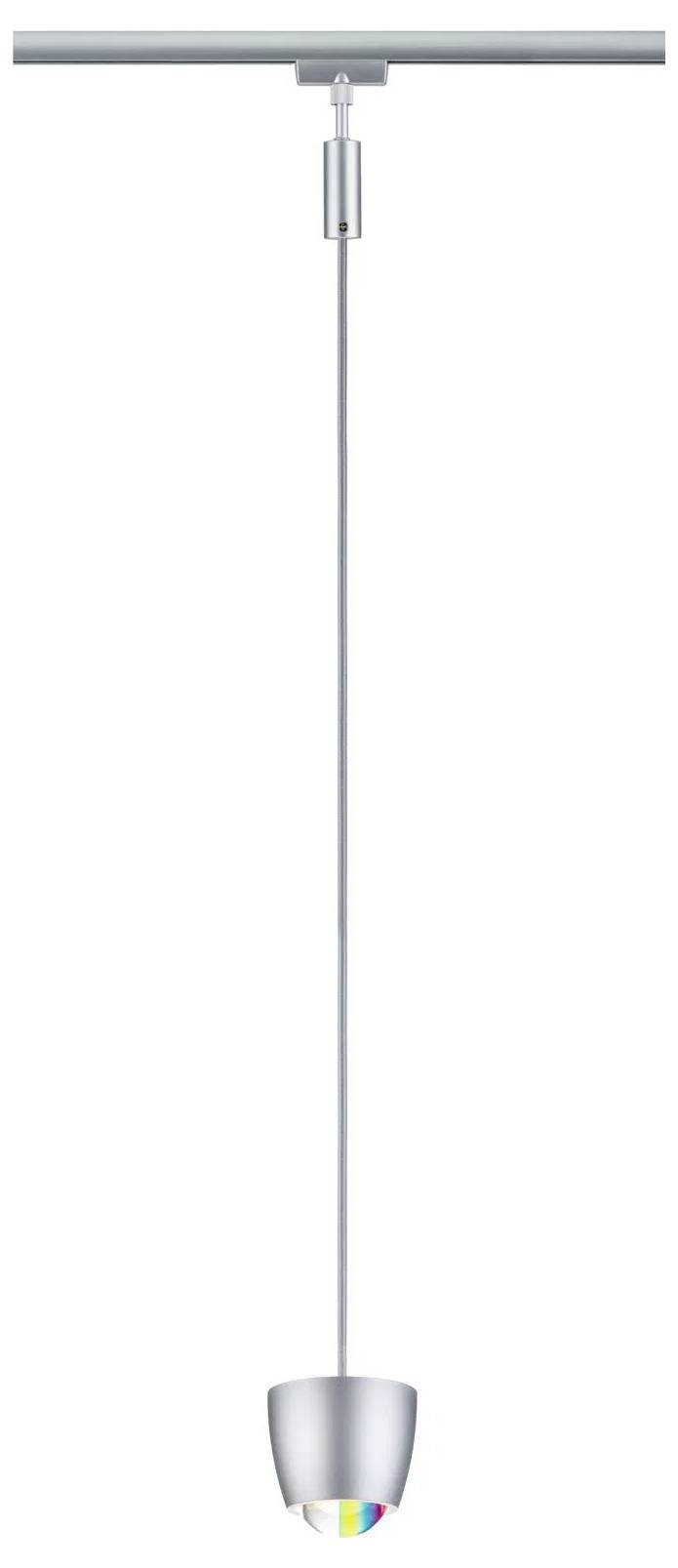 Eine moderne Pendelleuchte mit metallic Oberfläche und einer farbigen Glühbirne am unteren Ende, aufgehängt an einer silbernen Stange und Schiene.