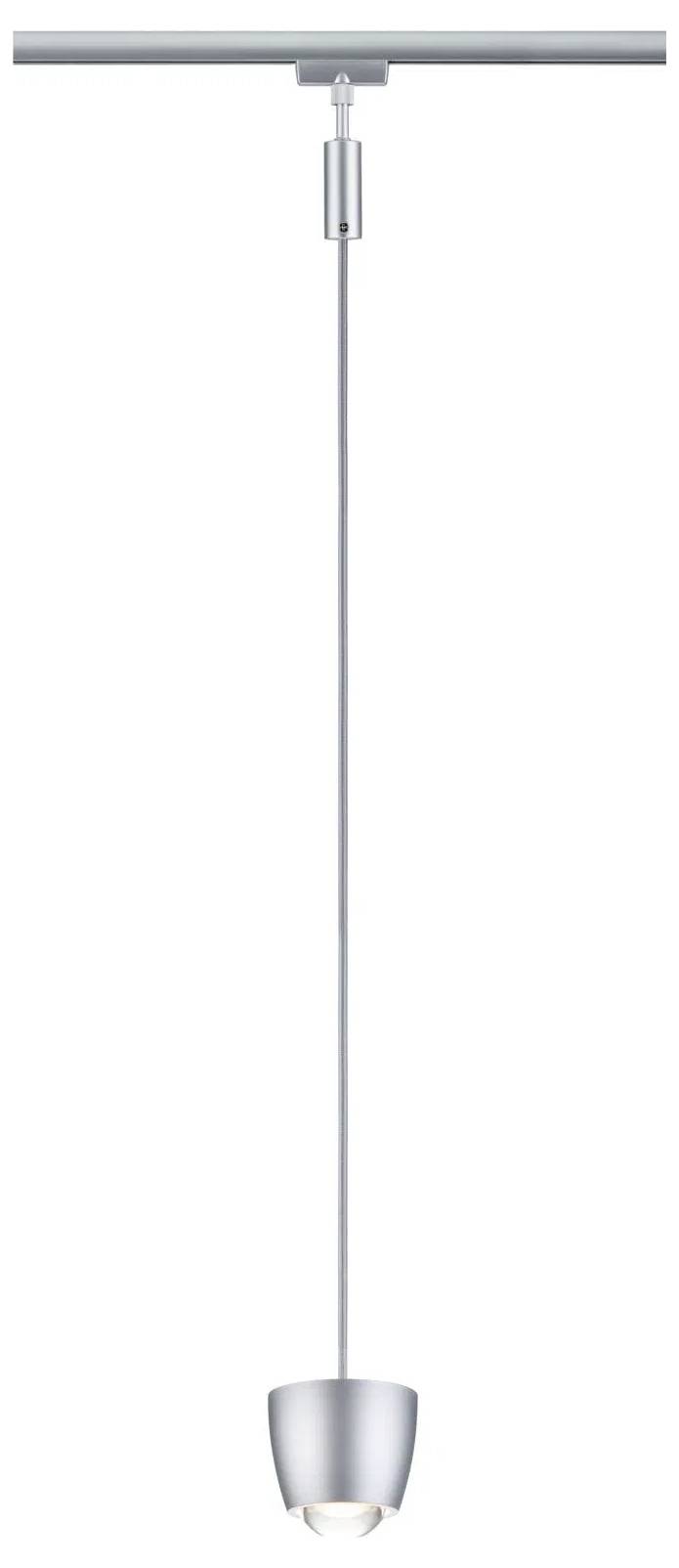 Eine moderne Pendelleuchte aus Silber mit einer langen Stange, ausgestattet mit einer kleinen, eleganten Lampe am Ende, konzipiert für Deckeninstallationen.