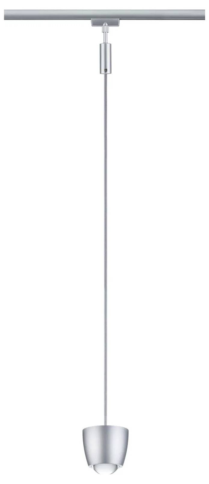 Eine elegante, moderne Pendelleuchte mit einer silbernen Oberfläche und einem Glasschirm, die von der Decke hängt.