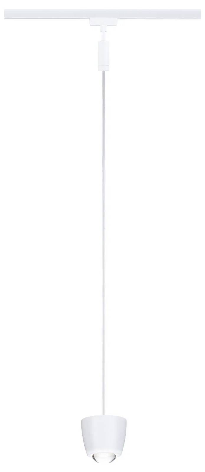 Eine minimalistische weiße Pendelleuchte mit einem zylindrischen Leuchtenkörper und langem Kabel, geeignet für moderne Innenräume.