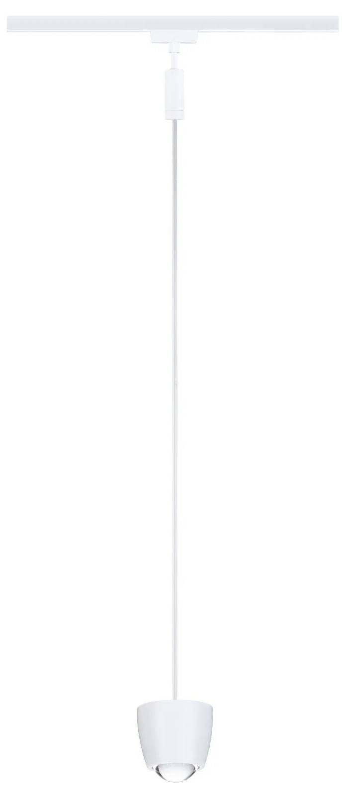 Eine elegante, moderne weiße Pendelleuchte mit schlichtem Design hängt an einem weißen Kabel und eignet sich perfekt für minimalistisches Innendesign.