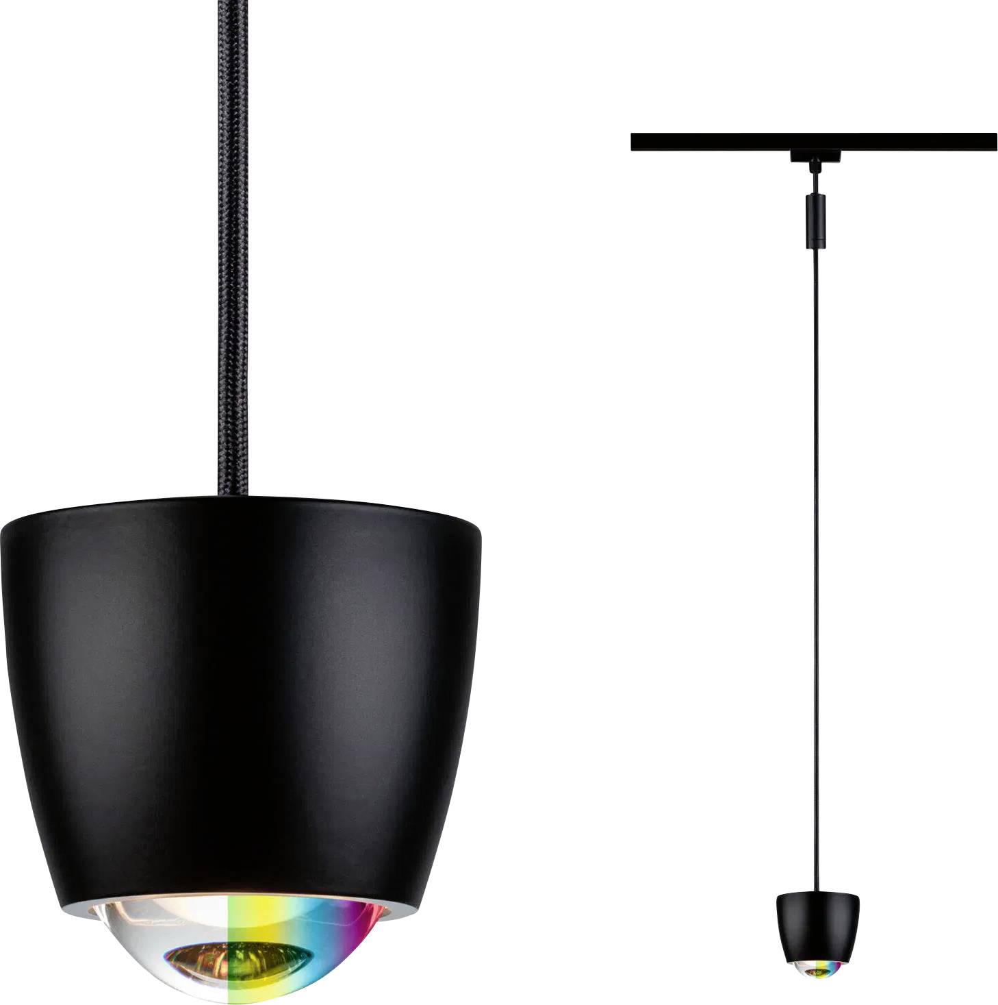 Eine schwarze Pendelleuchte mit Regenbogeneffekt auf der Glühbirne, in Nahaufnahme und hängender Ansicht, die ihr modernes Design hervorhebt.