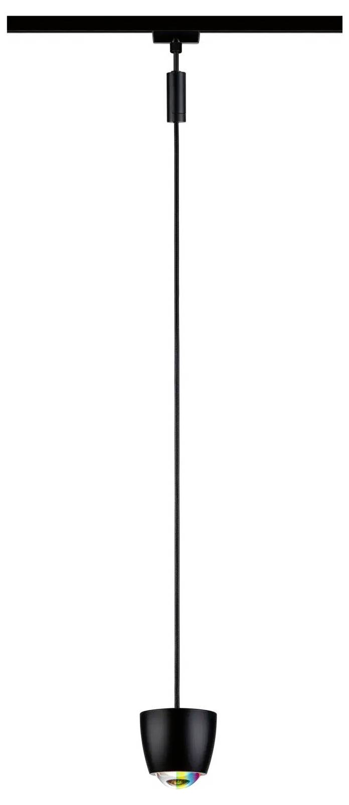 Eine schwarze Pendelleuchte mit einem langen Kabel und einer kleinen Glühbirne, die ein regenbogenfarbenes Element am unteren Ende aufweist.