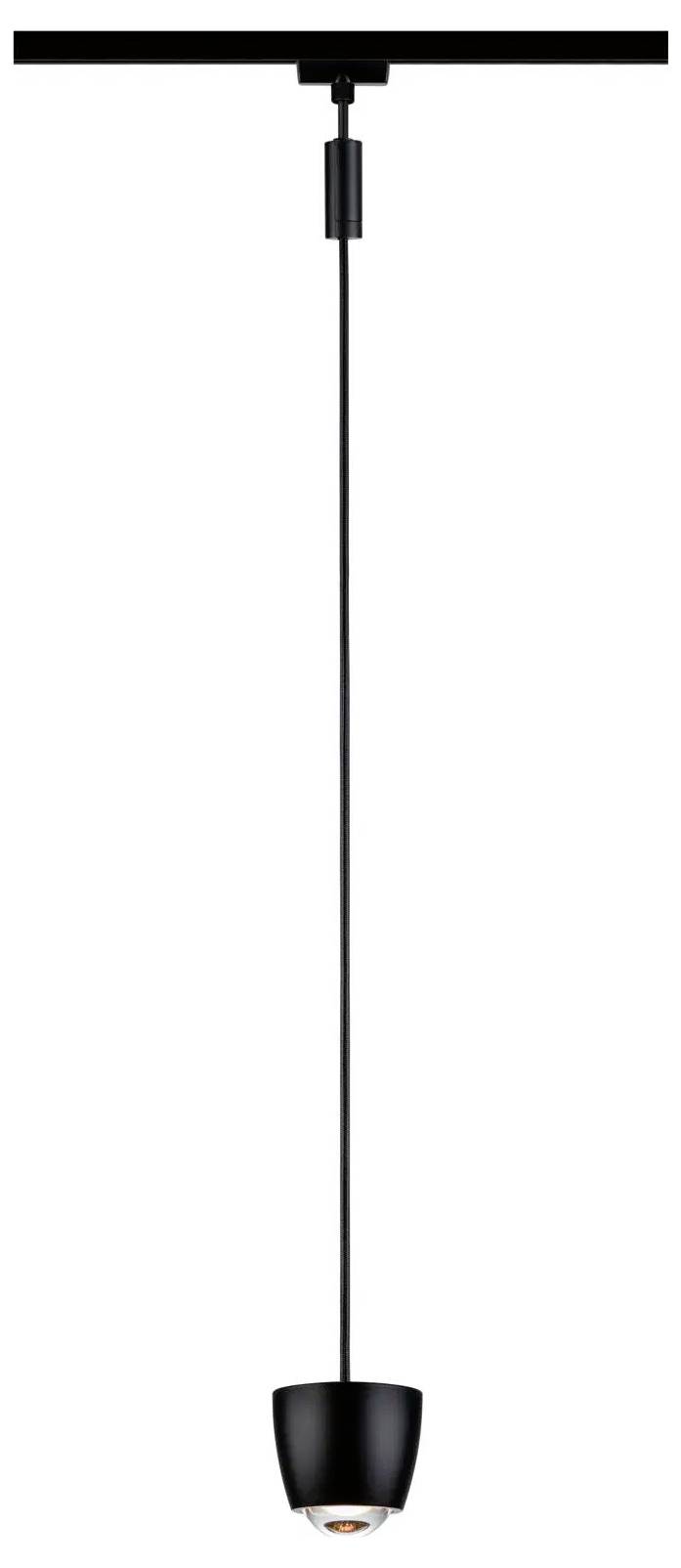 Eine schwarze Pendelleuchte mit einem langen Kabel und einem schlichten, modernen Design.