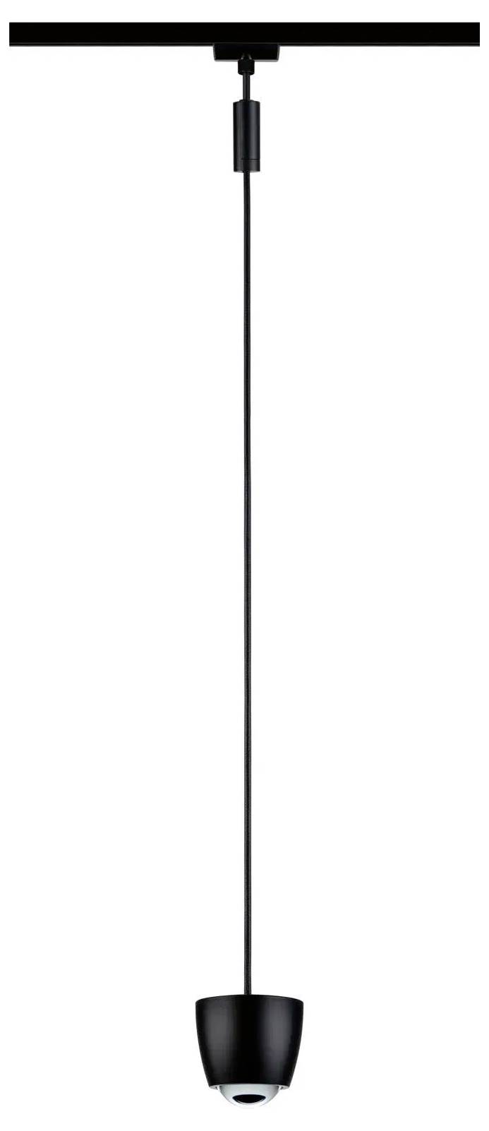 Eine schlanke schwarze Pendelleuchte mit einer langen, dünnen Stange hängt vertikal und passt perfekt zu modernem Innendesign.