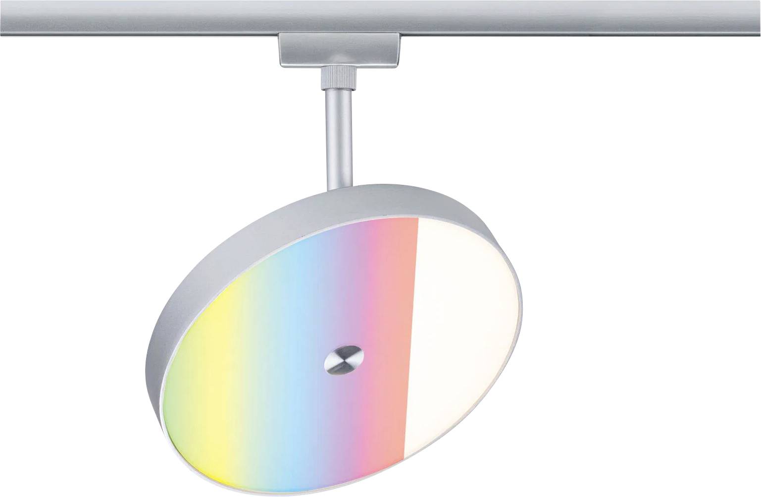 Eine moderne, kreisförmige Leuchte mit einem metallischen Gehäuse, die ein Display mit einem Farbverlaufsspektrum von Gelb bis Rot aufweist.