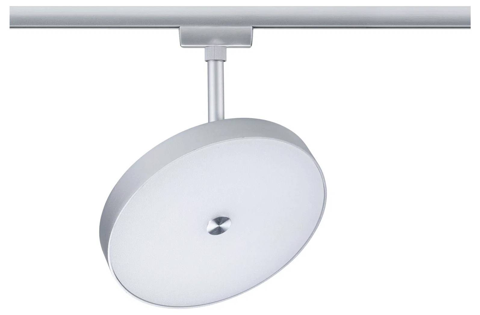 Eine silberne, kreisförmige Schienenleuchte mit glatter Oberfläche ist an einer deckenmontiertem Schiene befestigt.