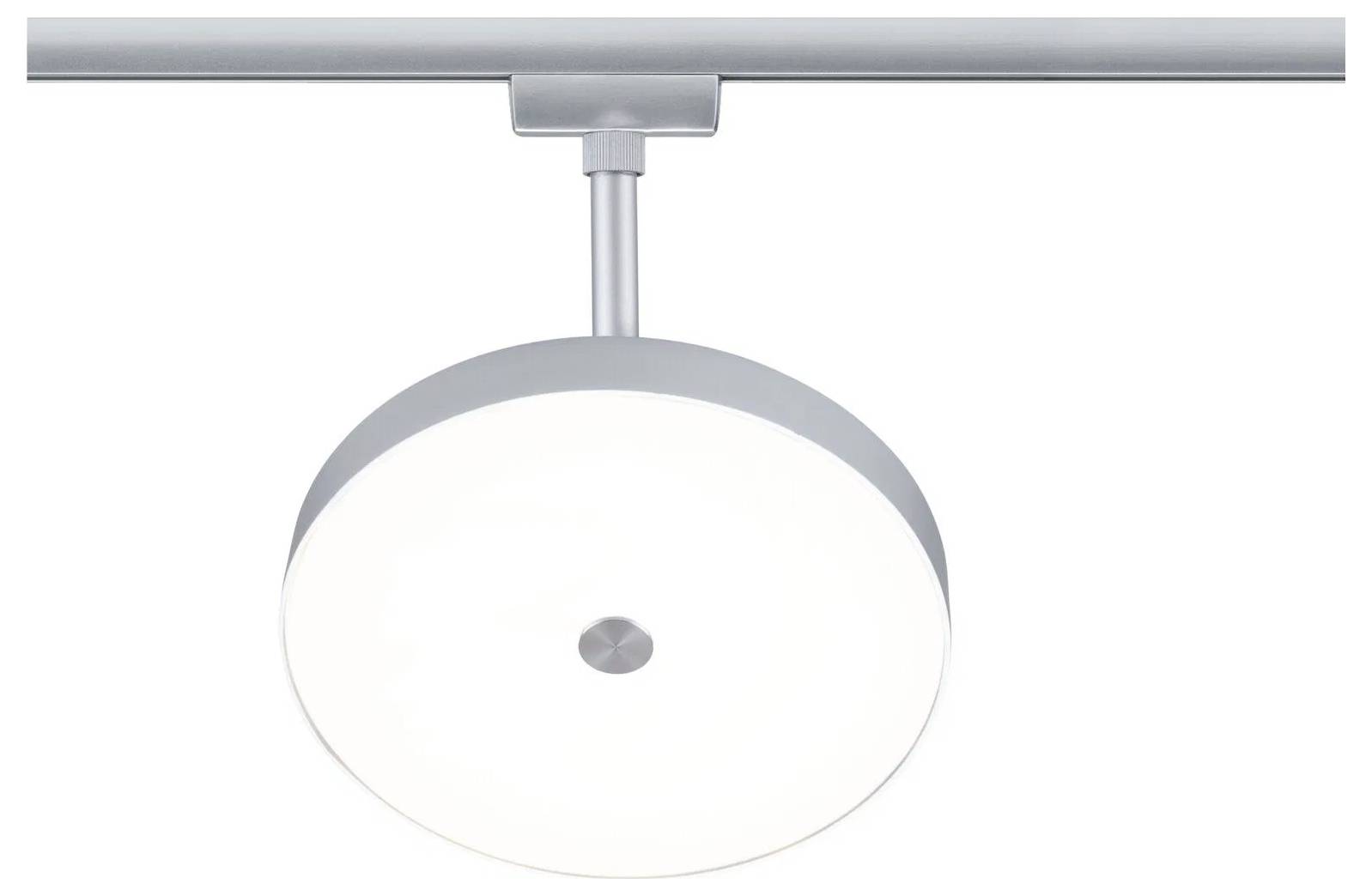 Eine moderne, kreisförmige Deckenleuchte mit einer eleganten silbernen Oberfläche, die auf einer Schiene montiert ist, um eine flexible Positionierung zu ermöglichen.
