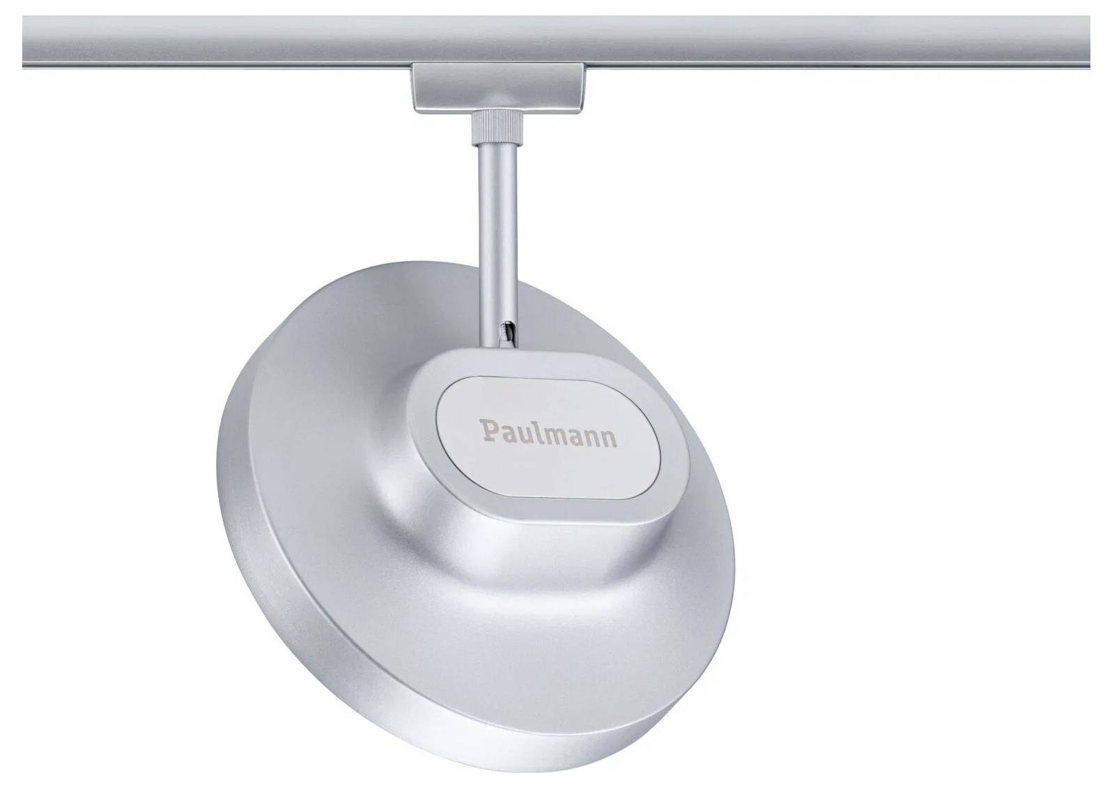 Eine silberne, kreisförmige Schienenleuchteinheit mit dem Text 