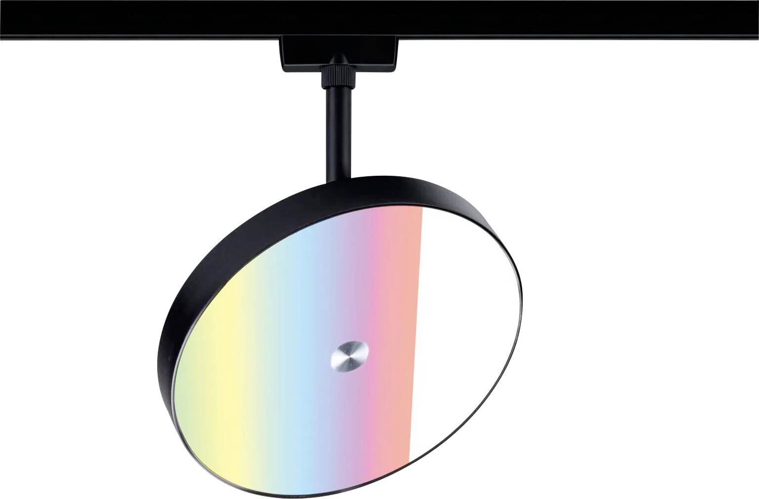 Eine kreisförmige Deckenleuchte mit schwarzem Rahmen zeigt auf ihrer Oberfläche einen lebendigen Regenbogengradienten und ist an einem schwarzen Schienensystem befestigt.