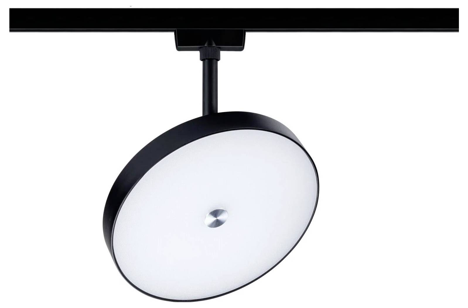 Eine moderne, kreisförmige LED-Schienenlichtleuchte mit schwarzem Rahmen und weißem Diffusor, montiert auf einem Schienensystem für einstellbare Beleuchtung.