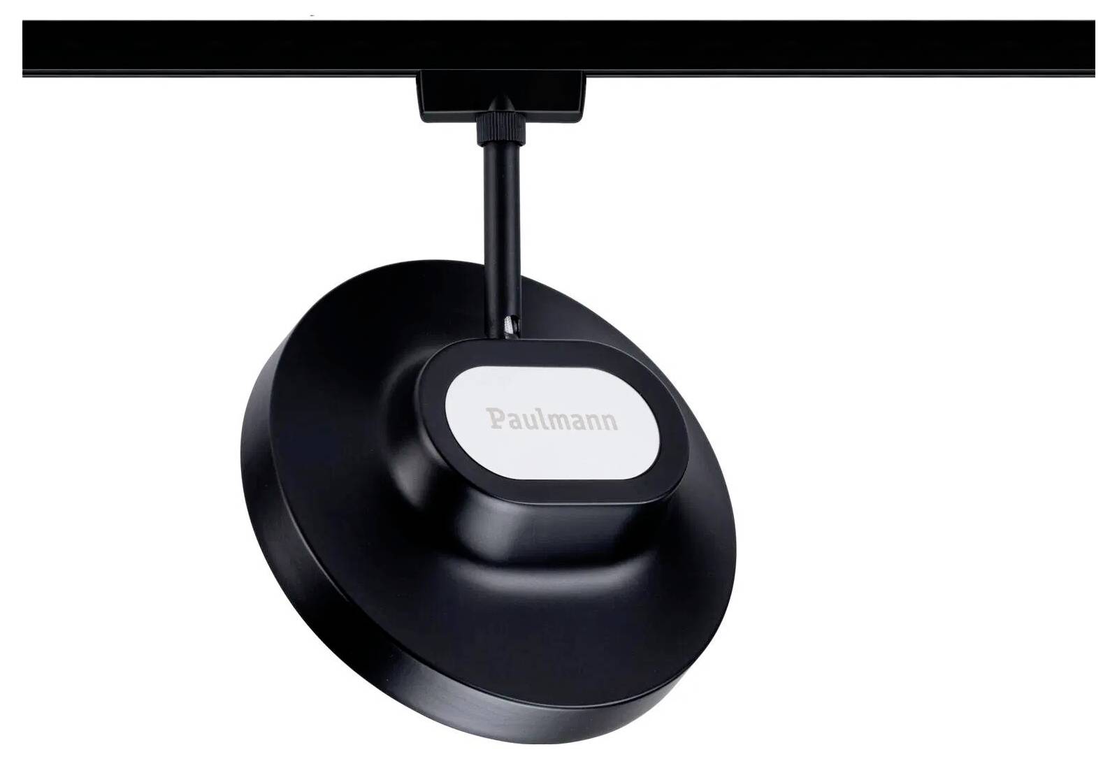 Eine schwarze Schienenlichtleuchte mit dem Etikett 'Paulmann', an einer DeckenSchiene montiert, konzipiert für einstellbare Richtungsbeleuchtung.