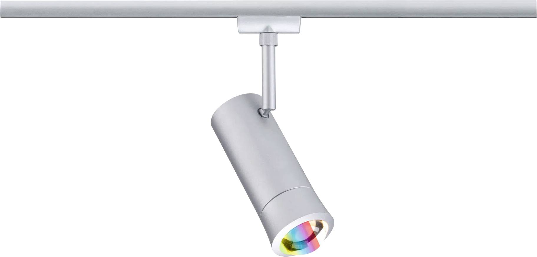 Deckenmontierten Schienenstrahler in Silber mit verstellbarem Winkel und einer regenbogenfarbenen Linse.