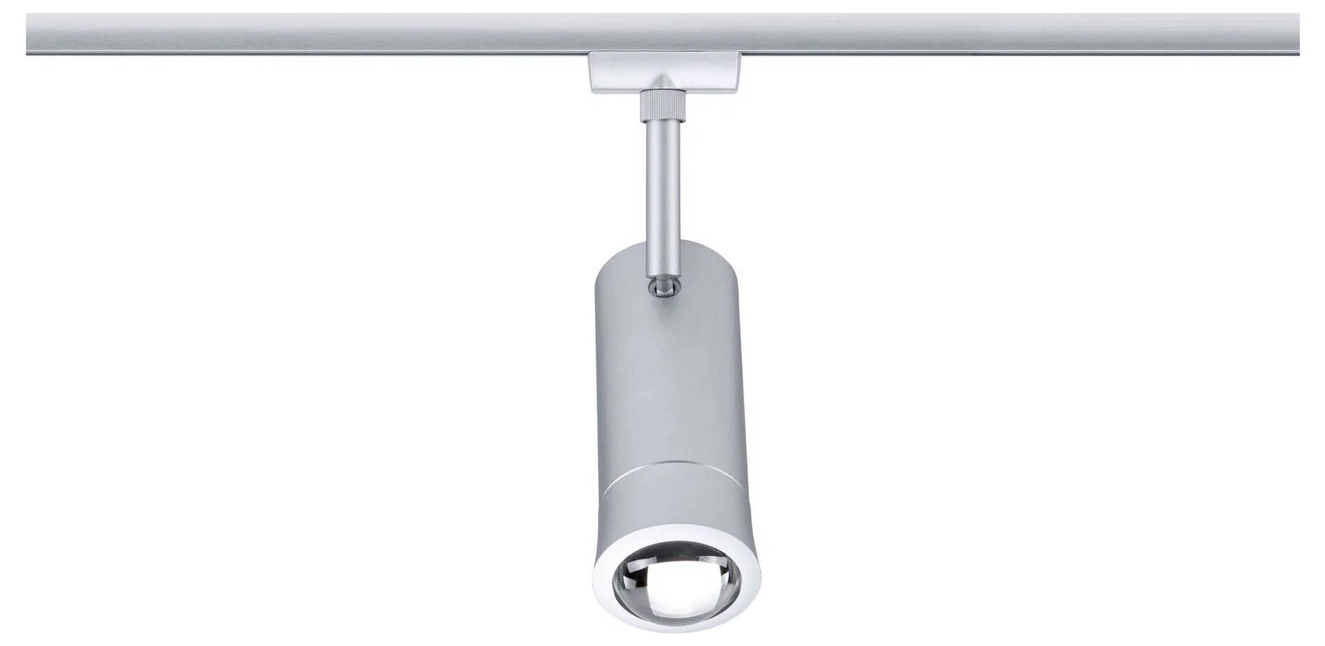 Deckenmontagefähige silberne Stromschienenlichtanlage mit einem zylindrischen Scheinwerfer, der nach unten hängt und für fokussierte Beleuchtung geeignet ist.