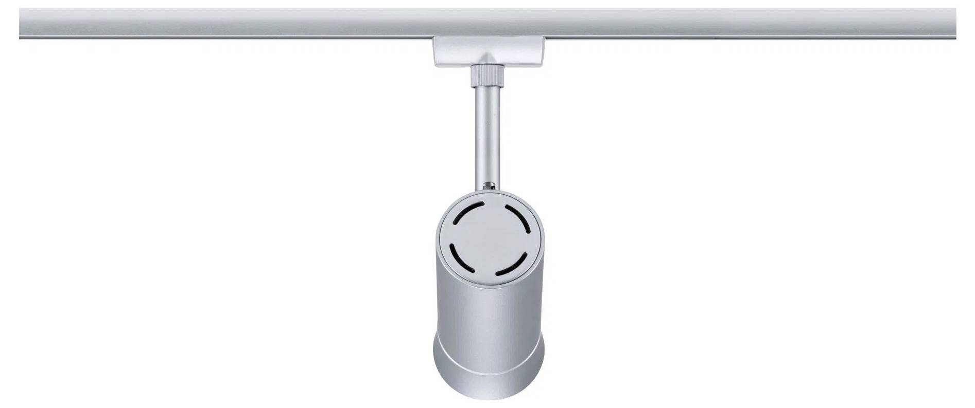 Eine zylindrische Silber-Schienenleuchteinheit, die an einer geraden Metallschiene montiert ist und darauf ausgelegt ist, das Licht in eine bestimmte Richtung zu fokussieren.