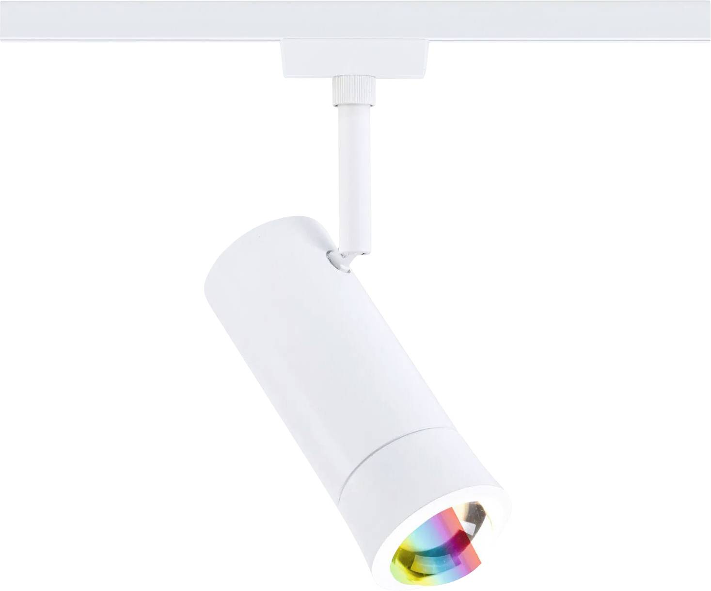 Eine weiße Stromschiene mit einer zylindrischen Gestaltung und Regenbogenprismen-Effekt auf ihrer Linse, die an einer weißen Deckenleiste montiert ist.