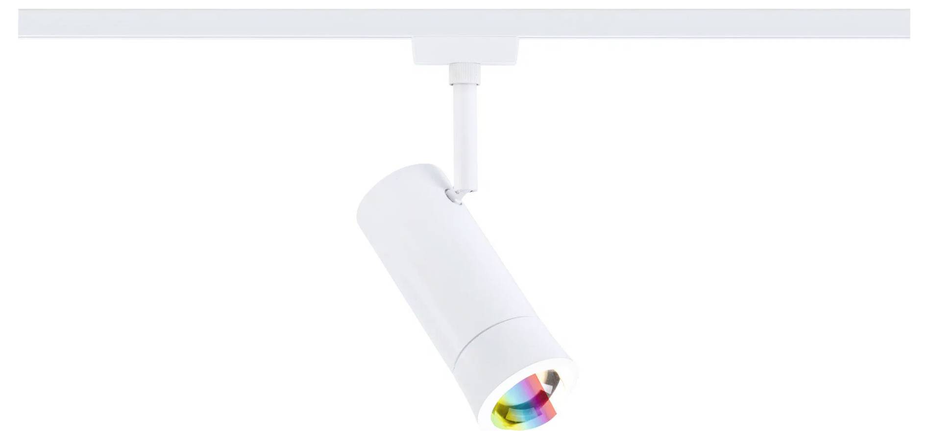 Eine weiße, an der Decke montierte LED-Schienenleuchte mit einer zylindrischen Form und einer mehrfarbigen Linse, die nach unten gerichtet ist.