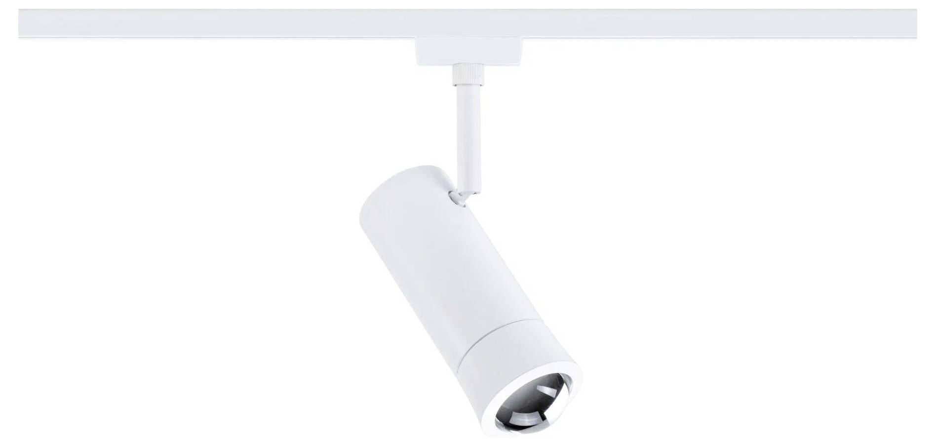 Eine weiße Schienenlichtleuchte mit einer zylindrischen Form, die an einer Deckenschiene montiert ist und nach unten gerichtet ist, um gerichtete Beleuchtung zu erzeugen.
