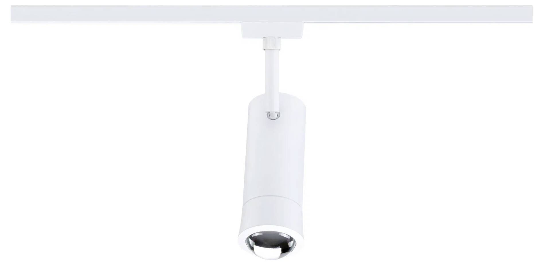 Eine weiße Schienenleuchteinheit mit zylindrischer Form, an einer horizontalen Schiene befestigt, die häufig für einstellbare Deckenbeleuchtung verwendet wird.