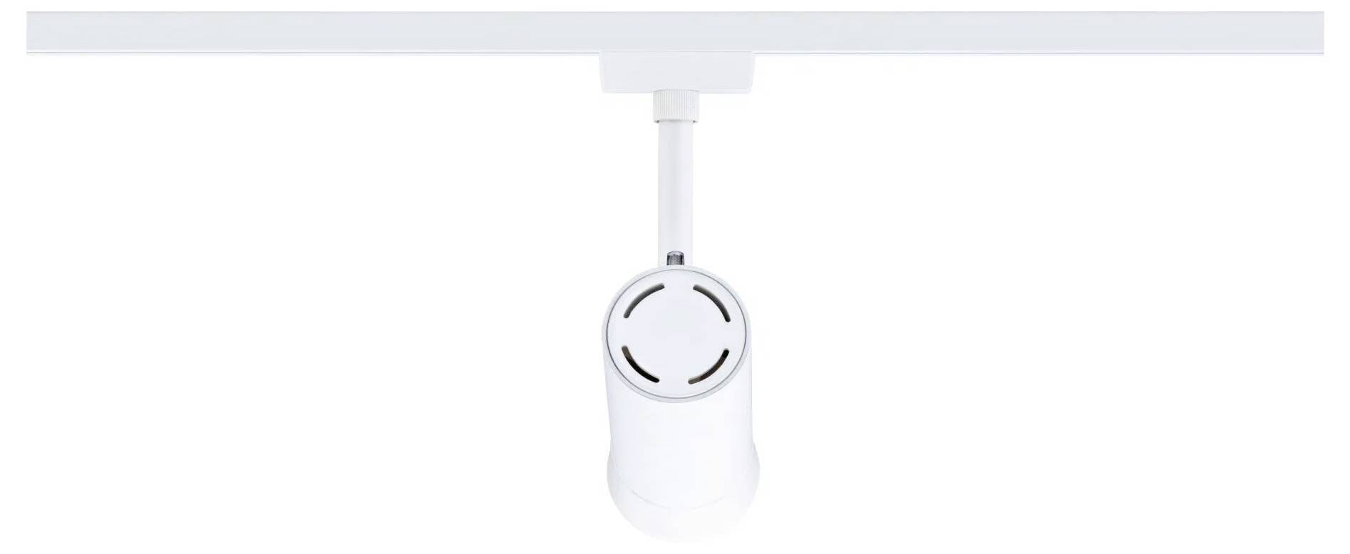 Eine weiße, zylindrische Schienenleuchte ist an einer Deckenschiene montiert und für einstellbare Beleuchtung in verschiedenen Richtungen konzipiert.