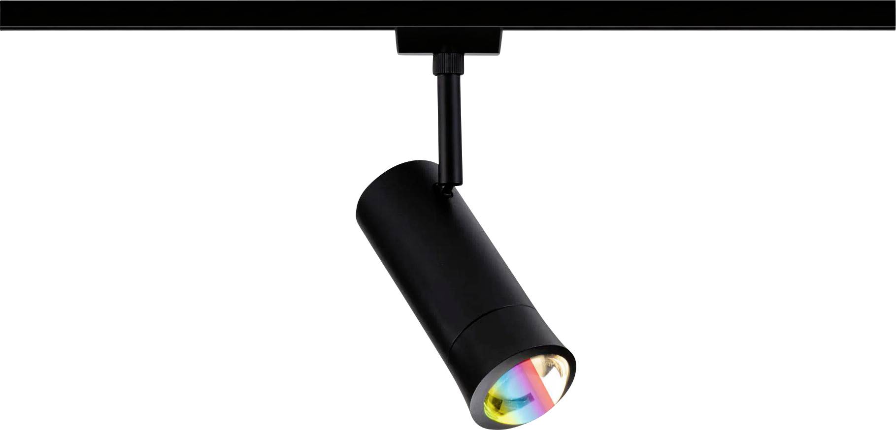 Eine schwarze zylindrische Leuchte, die ein buntes Muster auf eine Oberfläche projiziert und damit verschiedene Beleuchtungseffekte und -möglichkeiten veranschaulicht.