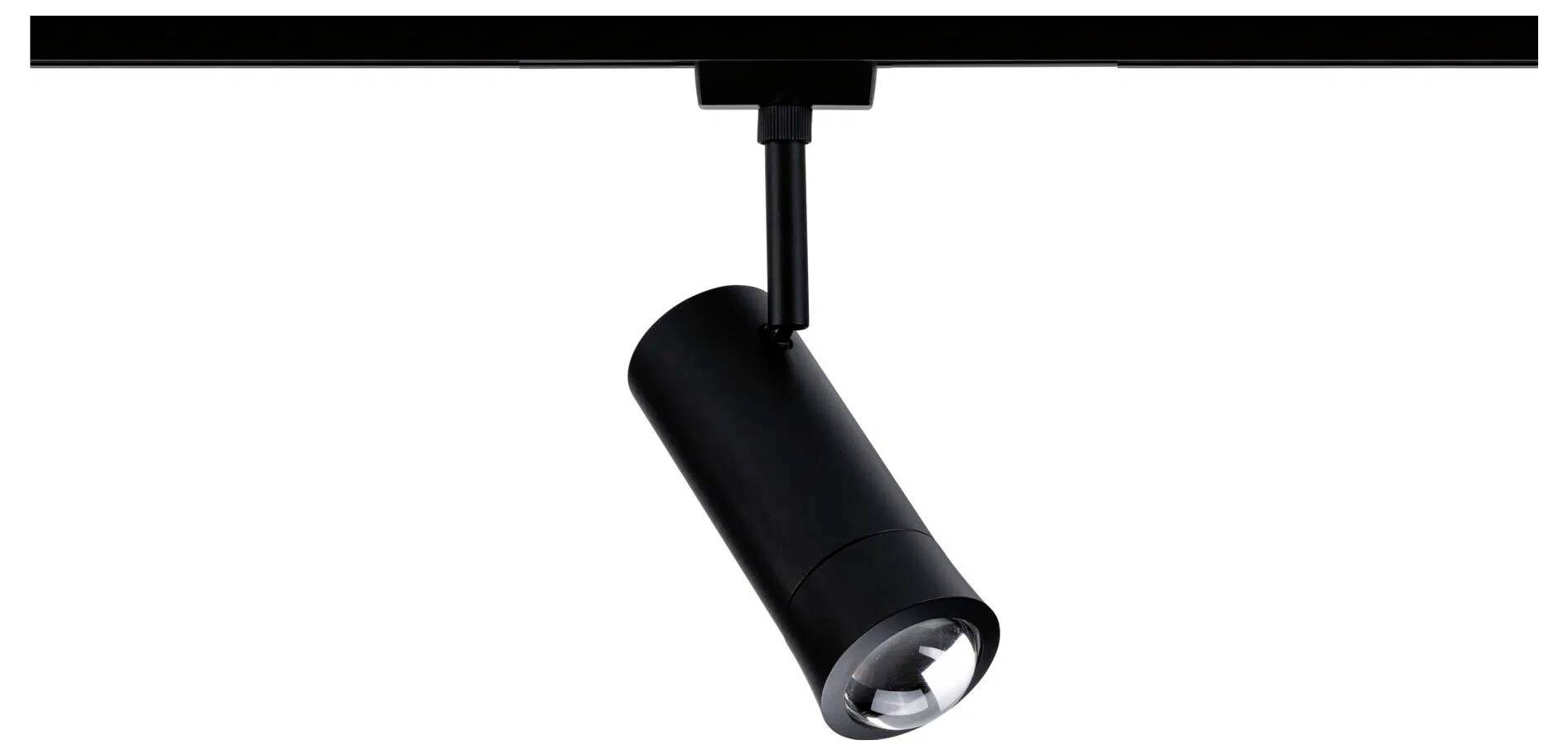 Eine schwarze zylindrische Schienenleuchte, die an einer Schiene befestigt ist und für gerichtete Beleuchtung in Innenräumen konzipiert wurde.