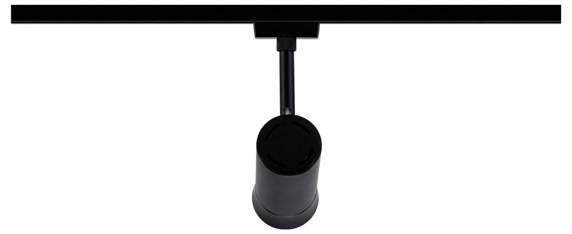 Deckenmontierte schwarze Zylinder-Deckenleuchte mit schwenkbarem Arm, geeignet für einstellbare gerichtete Beleuchtung in Innenräumen.