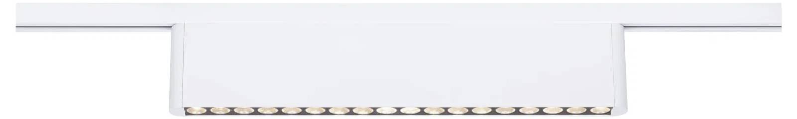 Eine Nahaufnahme einer linearen LED-Leuchte, die die Lampen ausgerichtet am unteren Rand unter einer weißen rechteckigen Abdeckung zeigt.
