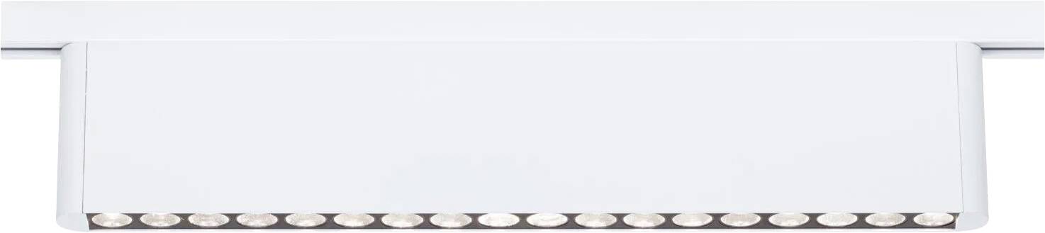 Eine weiße rechteckige LED-Leuchte mit mehreren kleinen runden Lichtern, die in einer Reihe am unteren Rand angeordnet sind.