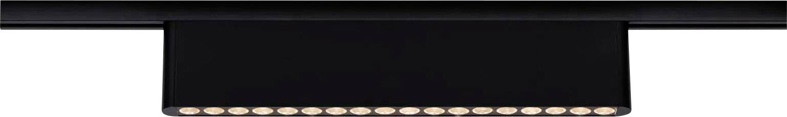 Eine rechteckige schwarze Schienenleuchte mit kleinen LED-Leuchten, die in einer einzigen Reihe ausgerichtet sind.